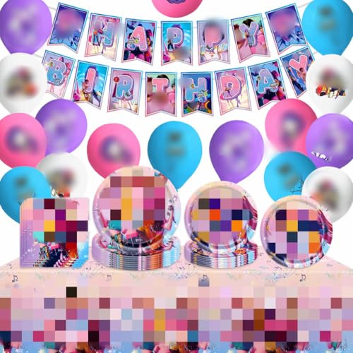 Stoviglie per Feste di Compleanno,Kpop Decorazioni Compleanno con banner Palloncini Piatti Tazza Tovaglioli, Accessori per Feste, Regalo Perfetto per Fan del Anime