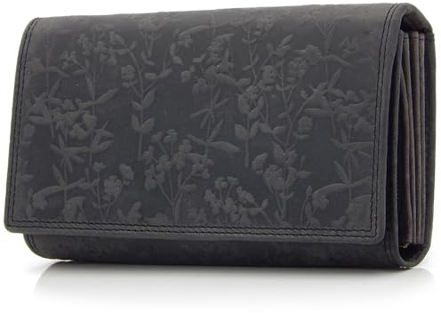 ekavale Portemonnee für Damen mit Blüten Muster RFID-Schutz, Leder Geldbörse Langformat mit Druckknopf (Schwarz)