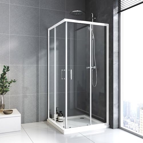 Duschkabine Weiß 90x90 cm Eckeinstieg Doppel Schiebetür 6mm ESG Glas Duschabtrennung Duschwand Höhe 185cm