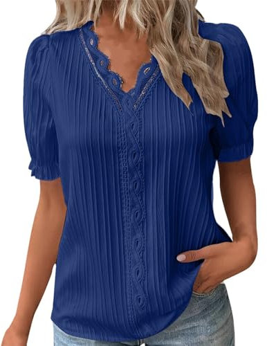 Tee Shirt Femme Col V Dentelle Tunique Femme Grande Taille été Léger Chemise Femme Chic Et élégant Manche Courte Blouse Top Haut Femme Ete Fluide Pas Cher Fashion Soiree (Navy, 4XL)