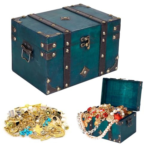 RAKUTE Wooden Pirate Treasure Chest, Large Vintage Treasure Box, Handmade Decorative Wooden Storage Box for Jewellery Toy Organizer Halloween Christmas Gifts（8.6x5.9x5.3in）