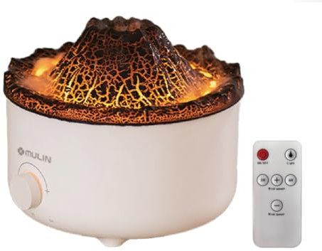 MULIN Diffusore di Aromi a Forma di Vulcano, 560ml, Effetto Fiamma, Umidificatore Silenzioso con Telecomando, RGB 7 Colori e Luce Reg