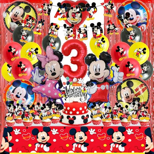 SABAN Geburtstagsdeko Ballon 3 Jahre Baby, 39 Stück 3 Jahre Mic-ke Maus Geburtstag Deko Set, 3D Mini Folienballon mit Exquisit Banner, Tortendeko, Party Dekoration für Kinder (Rot)