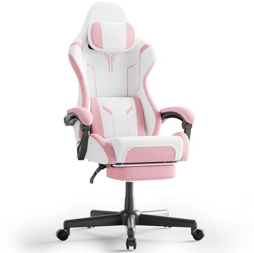 Chaise Gaming, Fauteuil Gamer - Massage Coussin Lombaire, Siege Gaming Dossier Inclinable à 135°, Chaise de Bureau Ergonomique Repose-Pieds Rétractable, Siège Large Confortable Leathaire-Velours, Rose