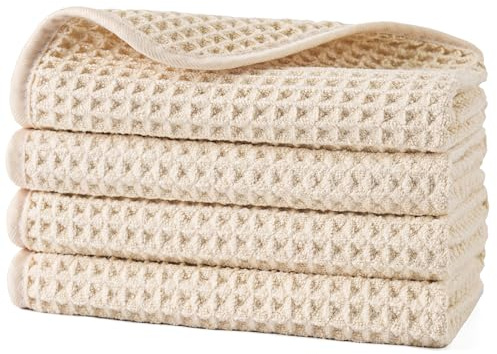 POLYTE mikrofiber luddfri tvättduk ansiktshandduk, 33 x 33 cm, 4-pack (ljus beige, våffelväv)