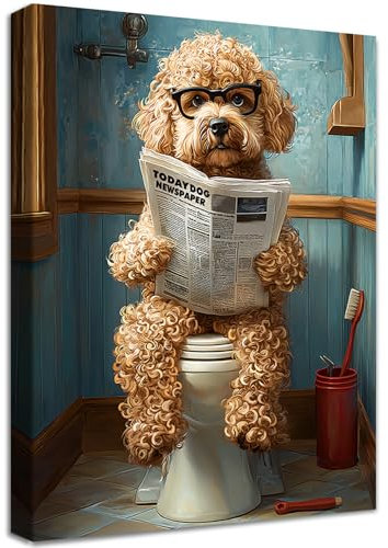 Bagno Divertente Quadri Moderni Quadro Moderno Barboncino sul Water che Legge il Giornale Stampa su Tela Con Cornice Pittura Quadri su tela Decorazioni da Parete Soggiorno Camera da Letto 30x40cm