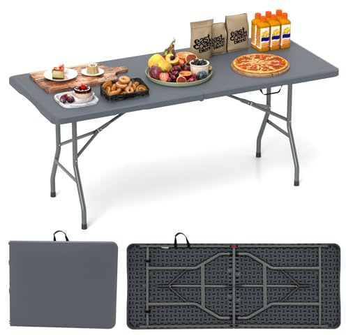GYMAX Table Pliante Portable, Plateau Spacieux 180 x 74 cm (Gris) | Poignée de Transport, pour Intérieur, Extérieur, Camping, Pique-Nique, Barbecue, Réunion Fête