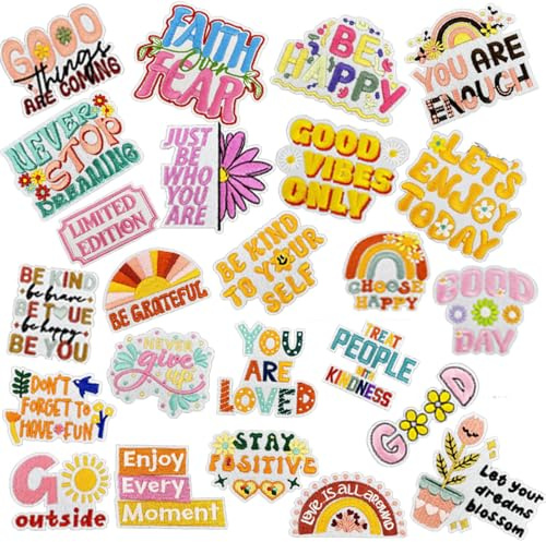 24 PCS Random Inspirational Phrases Patches Positive Affirmations Iron on/Sew on Embroidered Applique Patches for Backpacks Pants Hat Bags Clothes Jeans Jackets Vests Coat Uniforms