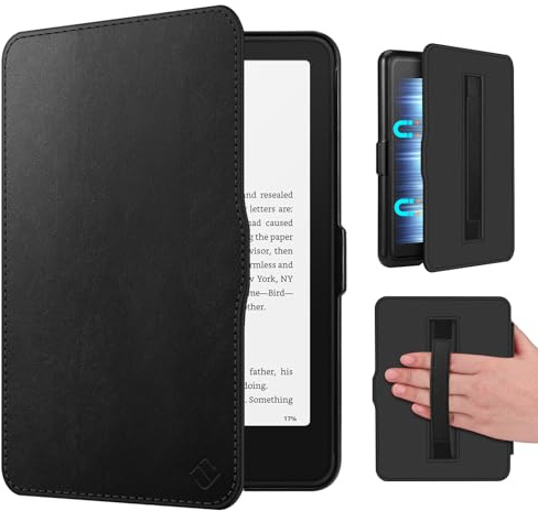 FINTIE Étui pour 7 Kindle Paperwhite (12e Génération)/Kindle Colorsoft | Dragonne Intégrée, Coque Fine Légère Arrière Rigide, Réveil/Veille Automatique, Noir