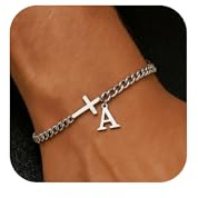 chorfla Cross Cuban Chain Bracelets for Men Initial A - Z Faith Cross Bracelets, Stainless Steel Fashion Initial Religious Jewelry Gift for Boyfriend Birthday for Men(A)