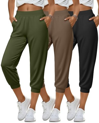 Velvelhall 3 Pack Women's Capri Joggers High Waisted Workout Cropped Sweatpants Athletic Running Capri Pants with Pockets(Black, Coffee, Army Green,Large)