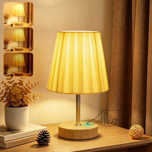 Suright Nachttischlampe Touch Dimmbar, Tischlampe mit Kabel, Plissierter Stoff-Lampenschirm, Holzsockel, Kleine Lampe für Nachttisch Wohnzimmer Schlafzimmer Gästezimmer Büro (LED-Birne Inklusive)