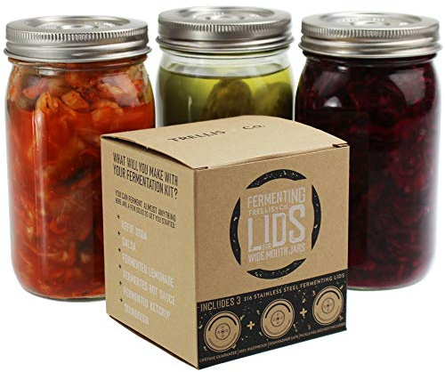 Trellis + Co. 316 Stainless Steel Fermentation Lids | 3 Silicone Waterless Fermenter Airlock Lids | Easy Lacto Fermenting Wide Mouth Mason Jar Canning Lids | Free Recipe eBook Included