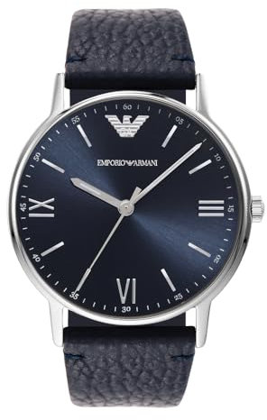 Emporio Armani Herrenuhr , Dreizeigeruhrwerk, 41mm Silbernes Edelstahlgehäuse mit Lederarmband, AR11012