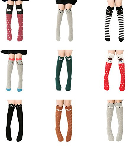 CISMARK Girls' Knee Socks 9 Pairs for Children Gifts Long Funny Children's Socks Animal Cotton Socks 3–12 Years, 001-9, 3-12 Jahre