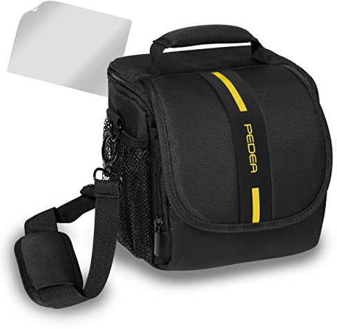 PEDEA DSLR-Kameratasche Essex mit Displayschutzfolie für Canon EOS 5D 5D Mark II 400D 2000D / Nikon D60 D80 D90 D3100 D3200 D3300 D3400 D5300 D7100 / Pentax K 30 K 50 K 500, Gr. M schwarz/gelb