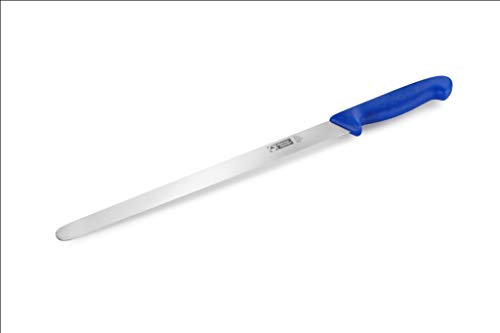 Coltello per pasticceria (acciaio inossidabile), levigato su un lato, manico in plastica blu, lama 31 cm