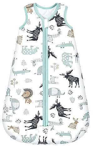 Mosebears Baby Winter Sleeping Bag 2.5 Tog,Toddler Sleep Sack Wearable Blanket 100% cotton baby sleeping bag for Babies 0-24 Months(Blue Zoo,0-6 Months)