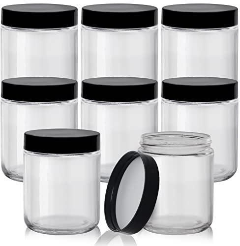 BELLE VOUS 8 Pack Clear Round Glass Storage Jars with Black Plastic Lids - 240ml/8oz Airtight Container Set for Kitchen & Home Decoration - Lotion, Food, Herb, Flour, Sugar, Coffee & Spice Canisters