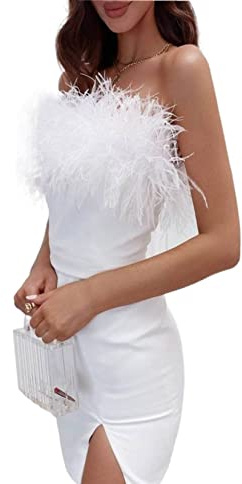 Vestido sexy de plumas con hombros descubiertos para mujer, corte de piel sintética, sin tirantes, bodycon vendaje de noche, vestido de fiesta, a, S