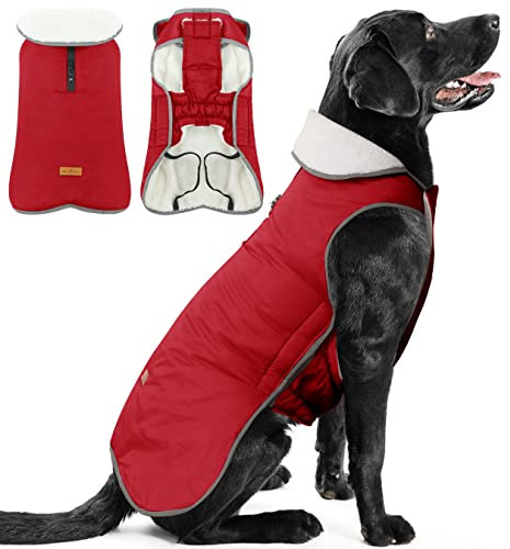 Hundemantel Winter Warme Jacke, Winddichte Hundejacke Grosse Hunde, Haustierkleidung mit Klettverschluss, Weiche Haustierjacke Weste Outfit, Hundebekleidung für kaltes Wetter, Red XXL