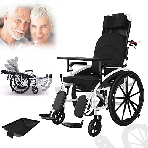 Full Reclining Wheelchair with High Back & Removable Headrest, Lightweight Foldable Manual Wheelchairs with Elevating Leg Rests, Fully Tiltable Scooter for The Disabled with Toilet, 18.5 Seat