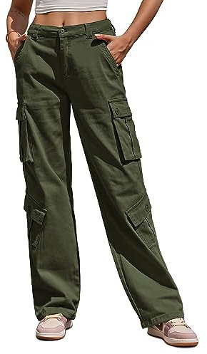 Fuakesor Cargohose Damen Baggy Y2K Multi Taschen High Waist Stretch Wanderhose Sport Jogginghose mit Elastischen Knöcheln(Grün,XL)