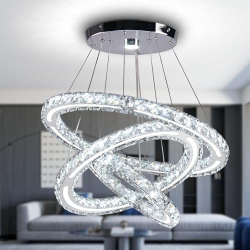 CXGLEAMING Moderne Kronleuchter-Deckenleuchte LED Kristall Pendelleuchte Höhenverstellbar 3-Ring Hängeleuchte Kristall Runde Hängelampe für Wohnzimmer Schlafzimmer Esszimmer Küche(Kaltweiß)