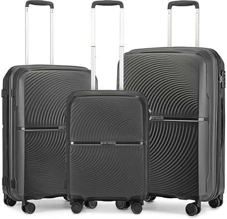 British Traveller Juego de 3 Maletas de Viaje Cabina 55/67/76CM Polipropileno Maletas de Viaje Grandes 23 Kilos con Cerradura TSA (Negro)