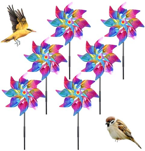 QINERSAW 6er Set 52cm Hoch φ24cm Vogelabwehr Windrad Taubenabwehr Windräder Vogelschreck Windmühle Taubenschreck Bunt Windrad für Balkon Garten Reflektierend Windräder für Obstgarten Hof Dach