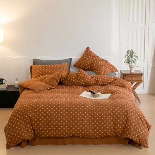 Juego de funda de edredón de color terracota tamaño Queen, estampado a cuadros, de algodón de punto jersey, color óxido, juego de ropa de cama de cuadrícula caramelo, 1 funda de edredón con 2 fundas