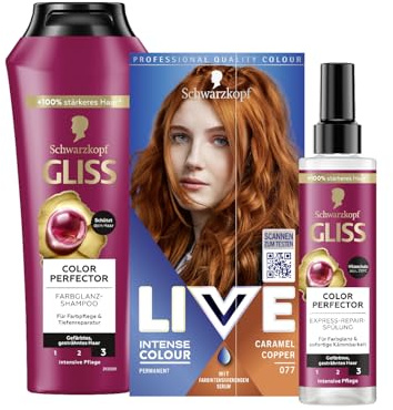 Schwarzkopf LIVE Intense Colour Haarfarbe 077 Caramel Copper (142 ml) permanente Coloration & Gliss Shampoo (250 ml) & Express-Repair-Spülung (200 ml) Colour Perfector, Hitzeschutz (230 °C)