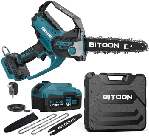 BITOON Mini tronçonneuse de 20,3 cm avec batterie de 3,0 Ah et chargeur, auto-huileur, sans fil, sans balais de 20,3 cm et 15,2 cm, tronçonneuse électrique portable pour couper du bois de chauffage,