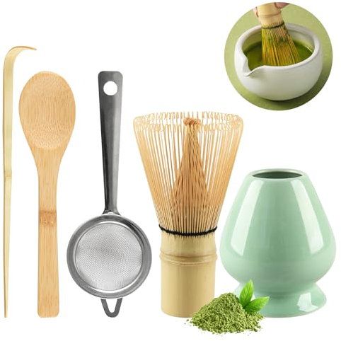 CHWNIBAY 5-Teiliges Matcha Set,Matcha Besen,Matcha Tee Set Einschließlich des Matcha Whisk,Matcha Sieb,Matcha Besen Halter,Zwei Matcha Löffel aus Bambus,Es Ist Das Beste Geschenk für Matcha-Liebhabern