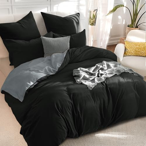 RUIKASI Black Double Duvet Set Grey - Reversible Black Duvet Cover Double Bedding Set with Zip, Soft Brushed Microfibre Double Bed Set Quilt Cover with 2 Pillowcases