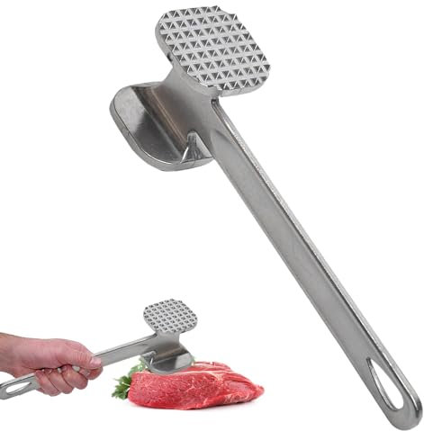 Oykrueats Attendrisseur à viande de 19 cm - En aluminium - Petit et compact - Argenté - Marteau à viande double face - Réutilisable - Avec poignée antidérapante - Pour steak, poulet, porc, bœuf