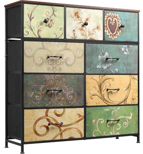 BestAlice Cómoda de almacenamiento floral vintage, armario organizador de almacenamiento de 9 cajones con contenedores de tela, parte superior de madera, marco de metal para dormitorio, sala de estar