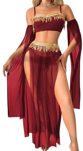 ShawGobow Exotic Wear Dancer Outfits,High Slit Skirt Sexy Lingerie For Women,Belly Dance Costume Cosplay Festival Burgundy X-Large