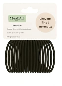 MAADALI Lot de 20 Élastiques à Cheveux Fins à Texturés – Résistants, Souples et Sans Métal – Chouchou Extensible et Sans Couture – Attaches Cheveux Noirs pour Queue de Cheval, Filles et Femmes