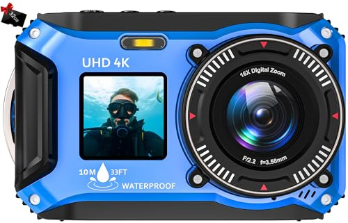 Yixinxin Appareil photo numérique 4K 64 MP 33FT UHD Appareil photo sous-marin avec carte de 32 Go Double écran Appareil photo flottant compact étanche à la poussière Mise au point automatique Appareil