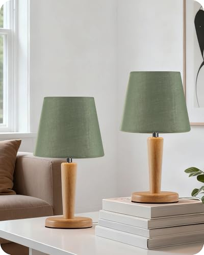 GOEBLESON Lampe de Chevet en Bois Lot de 2, Abat-jour en Tissu Lin Vert Amande, 3 Températures de Couleur (3000K / 4000K / 6500K), avec Fonction Mémoire, Ampoules LED E27, pour Chambre, Salon, Bureau