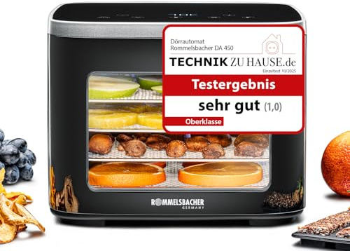 ROMMELSBACHER Essiccatore DA 450, superficie di essiccazione 0,2 m², con 5 vassoi in acciaio inox, 1 griglia di essiccazione, 1 base di essiccazione, 2 stampi per cereali, display LCD, timer 99 ore