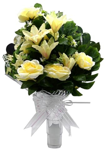 Panda Home Flores Artificiales: Ramo Duradero para Cementerio, Nichos y Sepulturas, Más de 30 Modelos, Tamaño Aproximado 58x45 cm, Incluye Liliums Artificiales