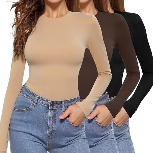Aottori 3 Pack Long Sleeve Tops Womens Round Neck Base Layer Shirts | Lightweight Thermal Underwear, Slim Fit Undershirt, Soft Stretch Top, Autumn Winter Layering, Casual Solid, Office Daily Wear
