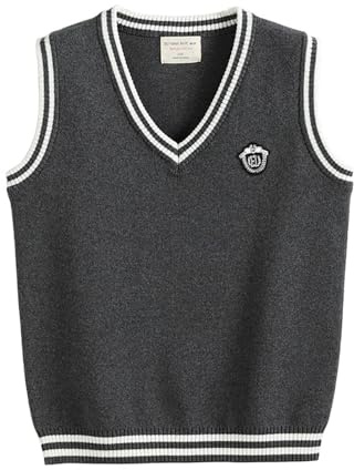 Kinder V-Ausschnitt Strickweste Mädchen Jungen Ärmellos Pullover Gestrickte Pullunder Strickpullover Oberteile Weste Top Einfarbig Bequeme Basic Strickwaren Schuluniform (Dark Gray, 9-10 Years)