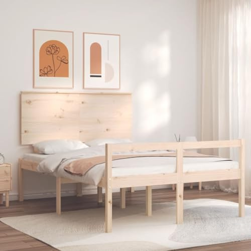 Cama Alta con Cabecero, de Madera Maciza de Pino, Diseño Funcional para Personas Mayores, Camas Matrimoniales Ideal para Dormitorio Principal o Habitación de Invitados, Color Natural, 140x200 cm