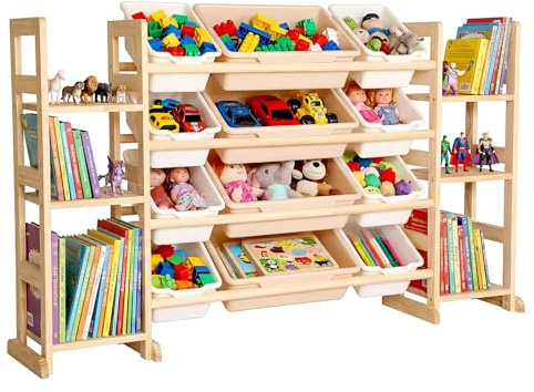 Amdermi Kids Toy Storage Organizer, 52 W White 6-Shelf Bookcase with 12 Bins, Cubby Unit for Toddler Playroom & Bedroom Organization