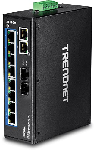 TRENDnet, TI-G102, Switch DIN-Rail Gigabit industriale temprato a 10 porte, capacità di commutazione 20 Gbps, due porte RJ-45/SFP, nero
