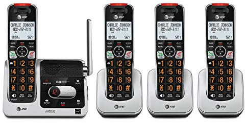 AT&T BL102-4 DECT 6.0 Teléfono inalámbrico de 4 auriculares para el hogar con contestadora, bloqueo de llamadas, anunciador de identificación de llamadas, asistencia de audio, intercomunicador y rango
