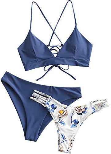 ZAFUL Damen Bikini-Set 3 Pieces mit Blumenmuster gepolstegrte Push-Up BH mit Flechtgurt Cami Triangel Cheeky Badeanzug Bademode (3-Pfauenblau,M)